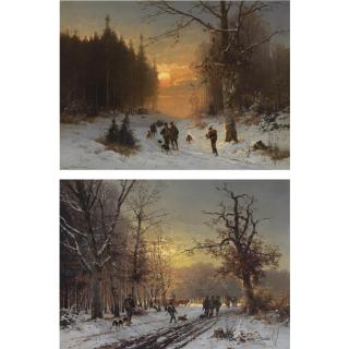 Conrad Wimmer - German Hunters In The Snow; Hunters On A Wintry Day (A Pair)