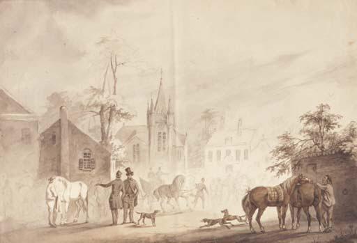 Conradijn Cunaeus - Horsemen by a village square, a church beyond