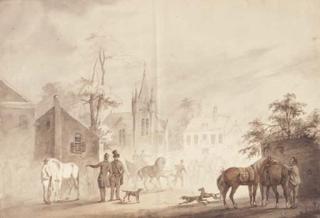 Conradijn Cunaeus - Horsemen by a village square, a church beyond