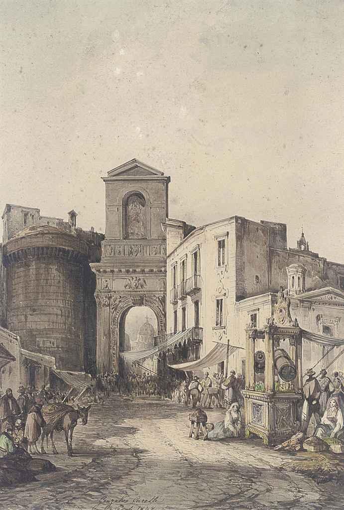 Consalvo Carelli - A bustling market at the city walls, Naples