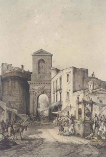 Consalvo Carelli - A bustling market at the city walls, Naples
