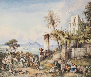 Consalvo Carelli - Gathering in Naples, Vesuvius beyond