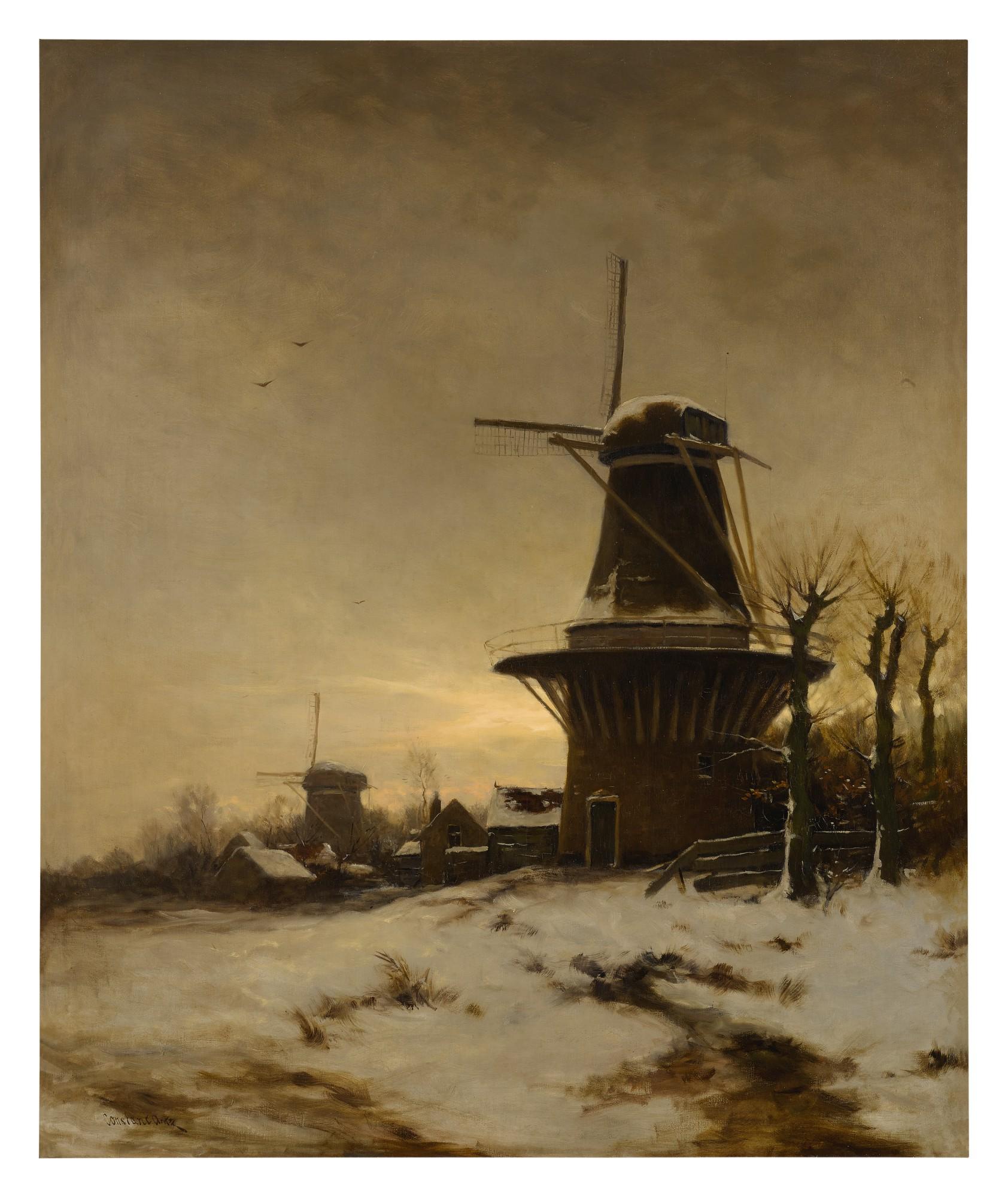 Constant Artz - A Windmill And A Village On The Edge Of A Snowy Meadow