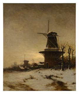 Constant Artz - A Windmill And A Village On The Edge Of A Snowy Meadow