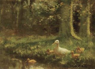 Constant Artz - Duck and ducklings on a riverbank