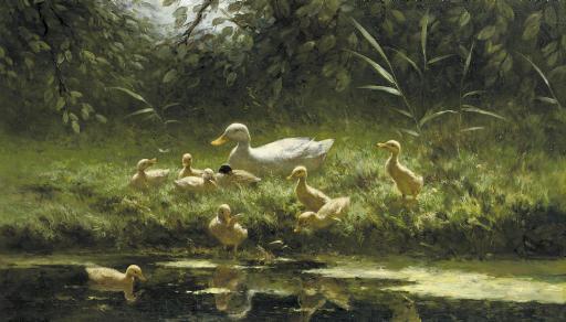 Constant Artz - Ducklings on a sunlit riverbank