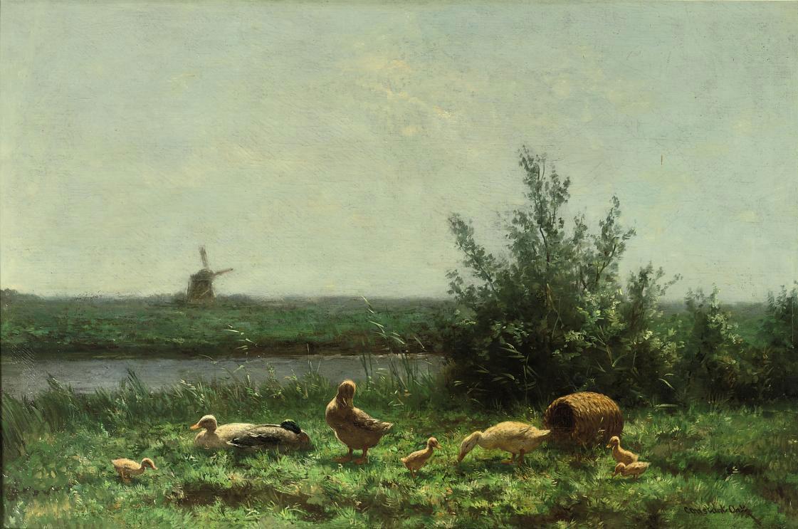 Constant Artz - Ducks along the waterfront, a windmill beyond