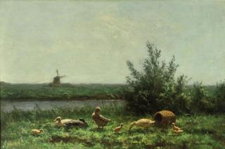 Constant Artz - Ducks along the waterfront, a windmill beyond