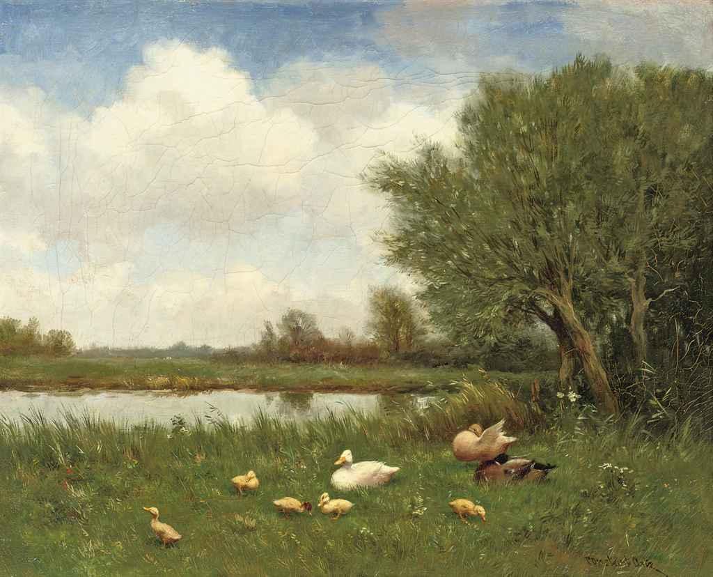 Constant Artz - Ducks and ducklings on a river bank