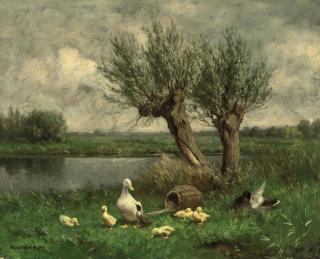 Constant Artz - Ducks near two willows on the bank of a stream