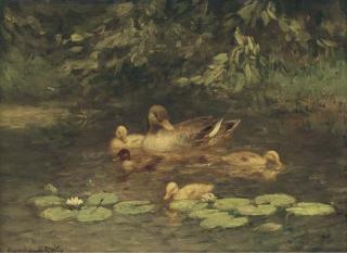 Constant David Ludovic Artz - A duck and her chicks on a pond
