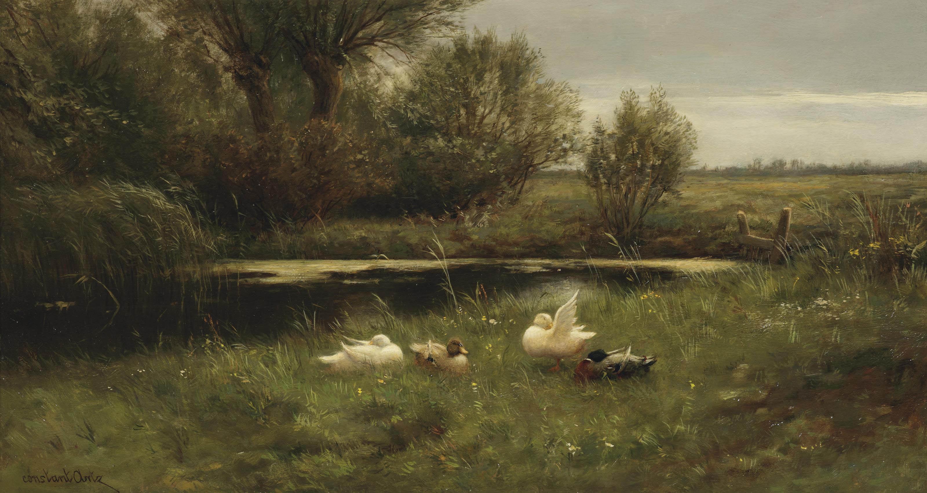 Constant David Ludovic Artz - Ducks in a sunlit river landscape