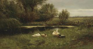 Constant David Ludovic Artz - Ducks in a sunlit river landscape