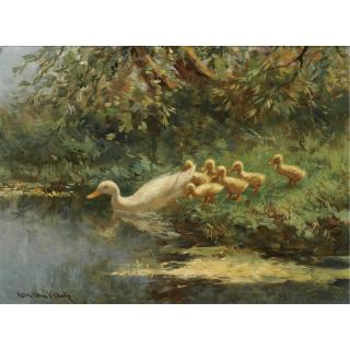 Constant David Ludovic Artz - Ducks With Ducklings Near The Waterside
