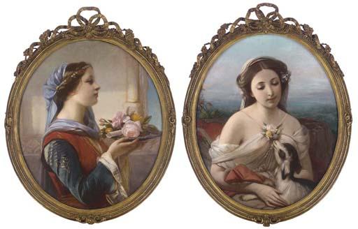 Constant Joseph Brochart - A gift of summer blooms; and A maiden tending to a goat