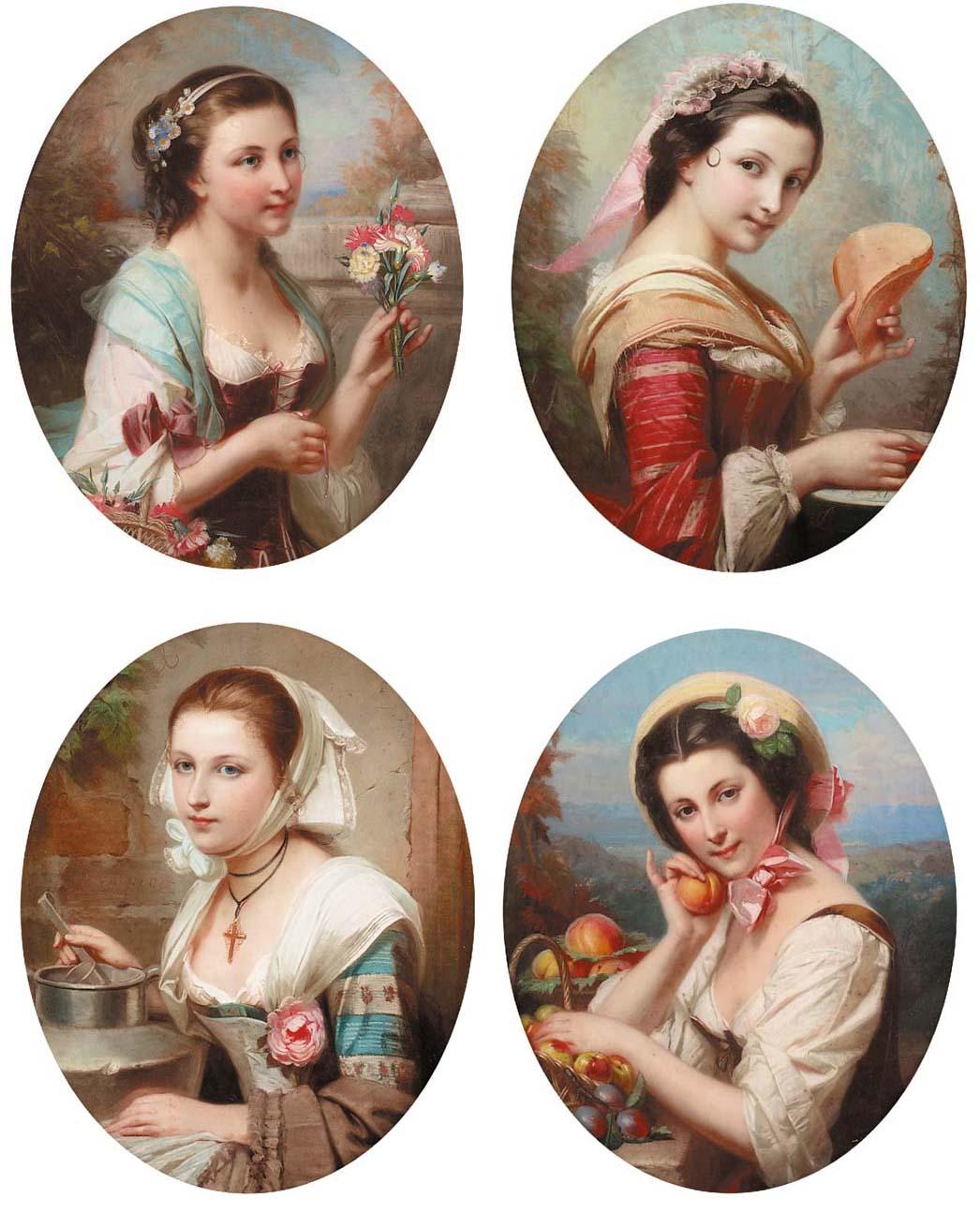 Constant Joseph Brochart - Portrait of a girl, half-length, wearing a red dress and turquoise shawl, carrying carnations