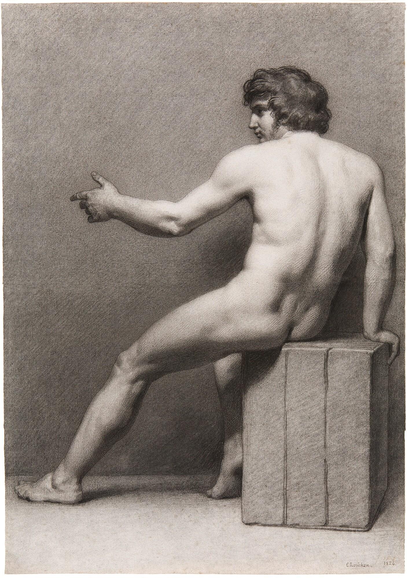 Constant Louis Antoine Lorichon - Männlicher Rückenakt, auf einem Quader sitzend.