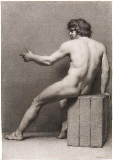 Constant Louis Antoine Lorichon - Männlicher Rückenakt, auf einem Quader sitzend.