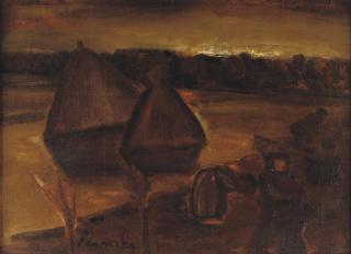 Constant Permeke - A Landscape With Farmers And Haystacks