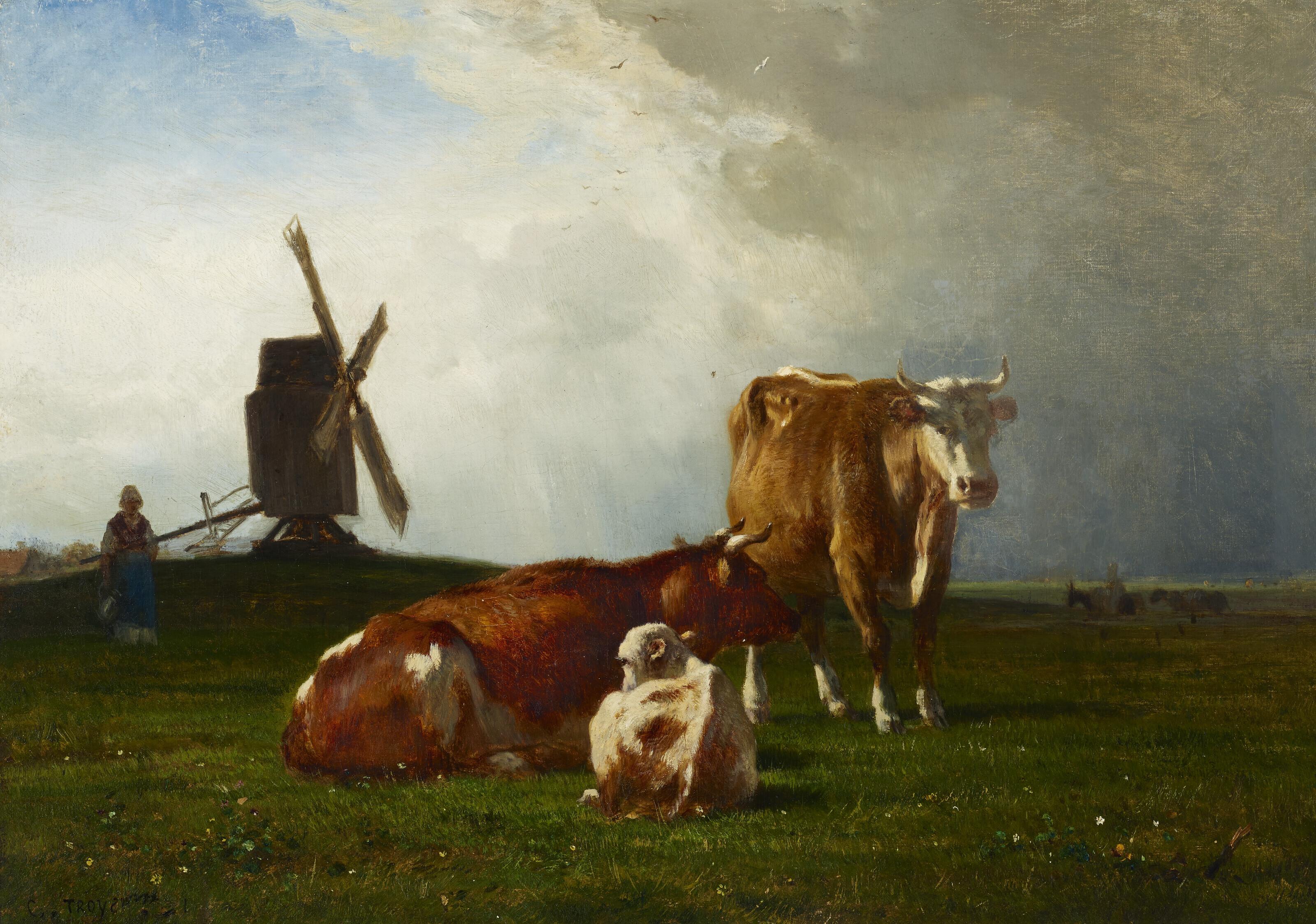 Constant Troyon - Trois vaches devant un moulin à vent