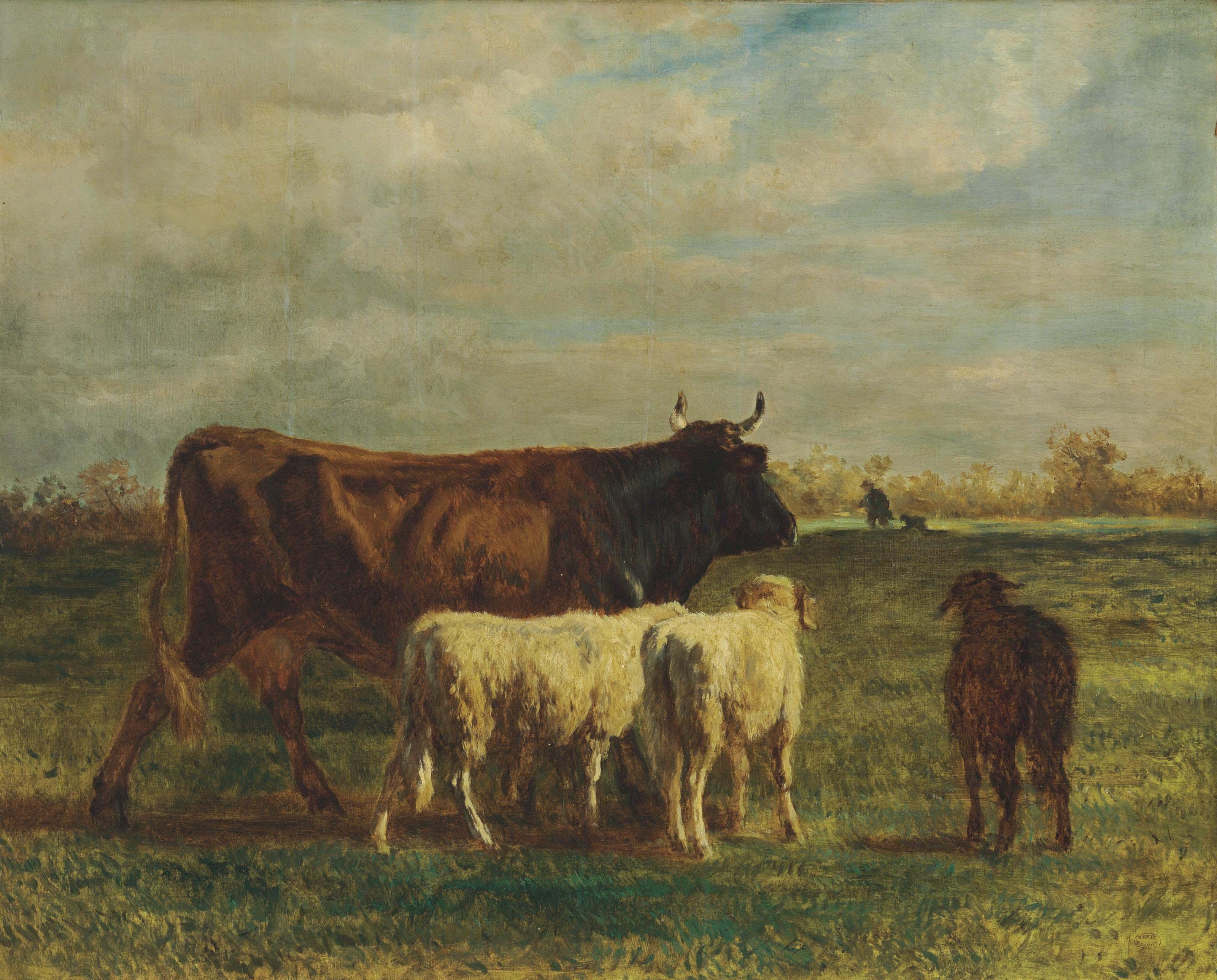 Constant Troyon - Une Vache Brune Et Deux Moutons En Marché Dans Un Prairie
