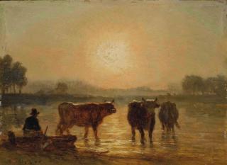 Constant Troyon - Vaches s\'abreuvant au coucher du soleil