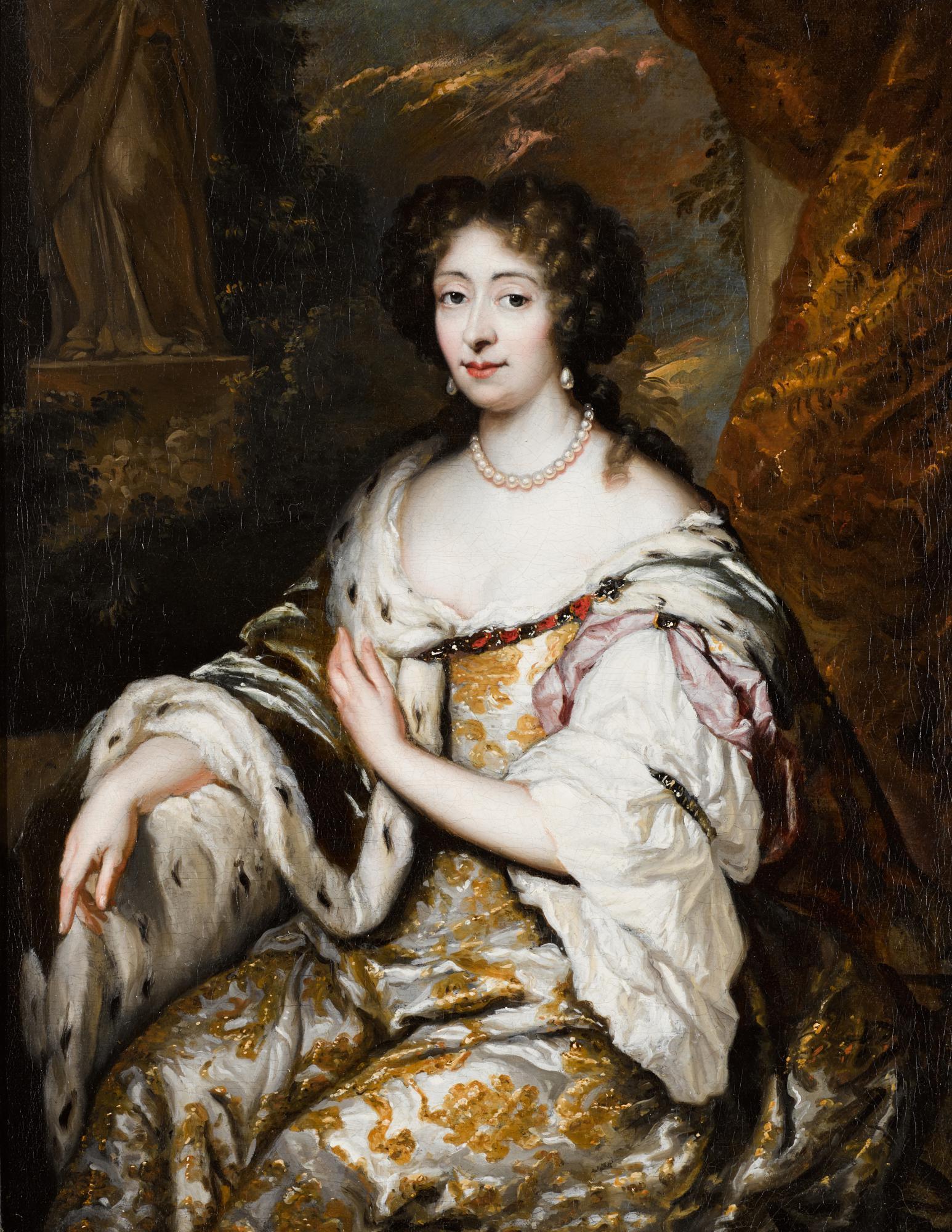 Constantijn Netscher - A Portrait Of Maria Mancini (1639-1715), Three-Quarter Length, Wearing A Gold Embroidered Dress And Ermine Cloak, Seated Before A Curtain And A Classical Landscape