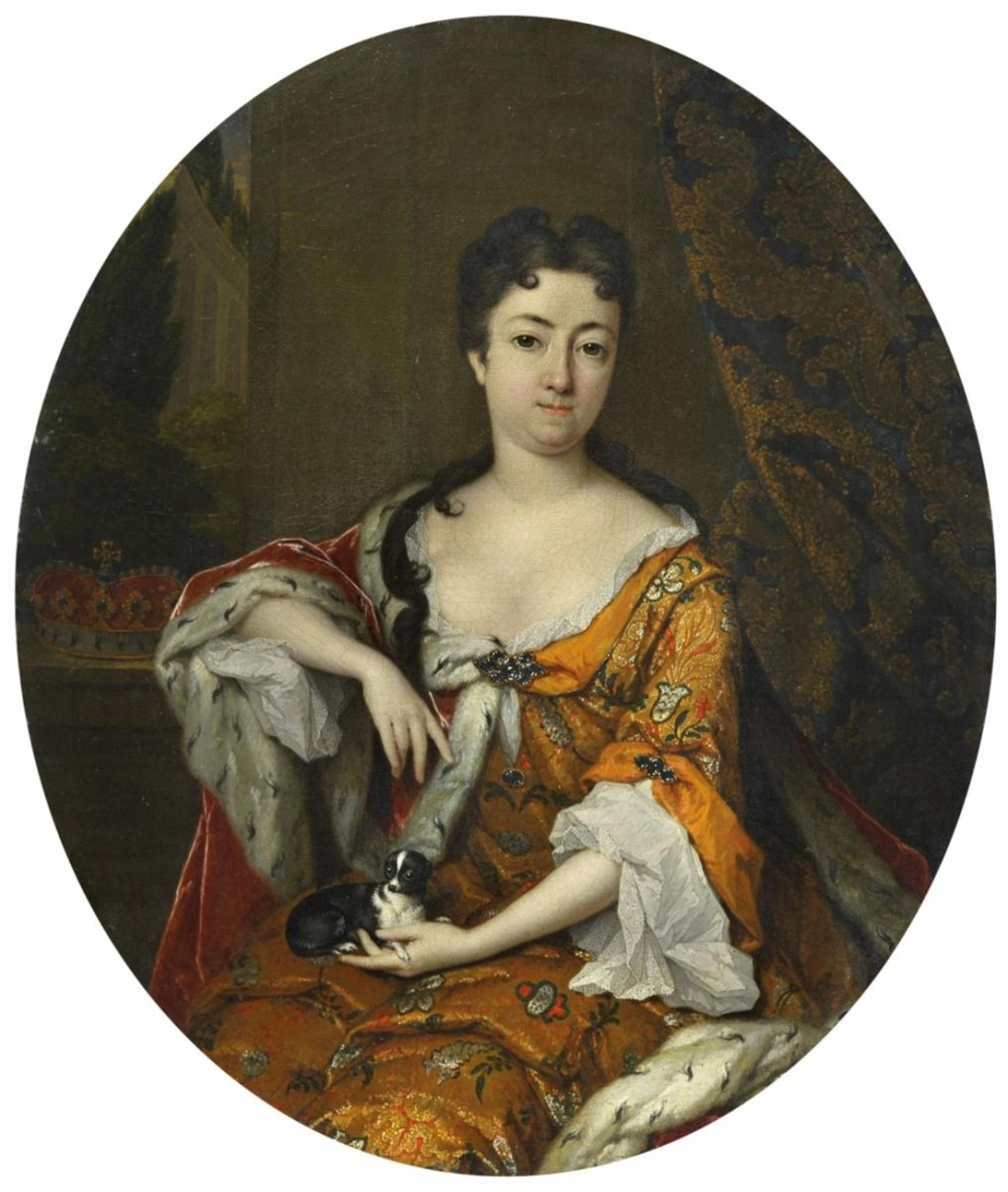 Constantijn Netscher - Bildnis einer Fürstin mit Hund