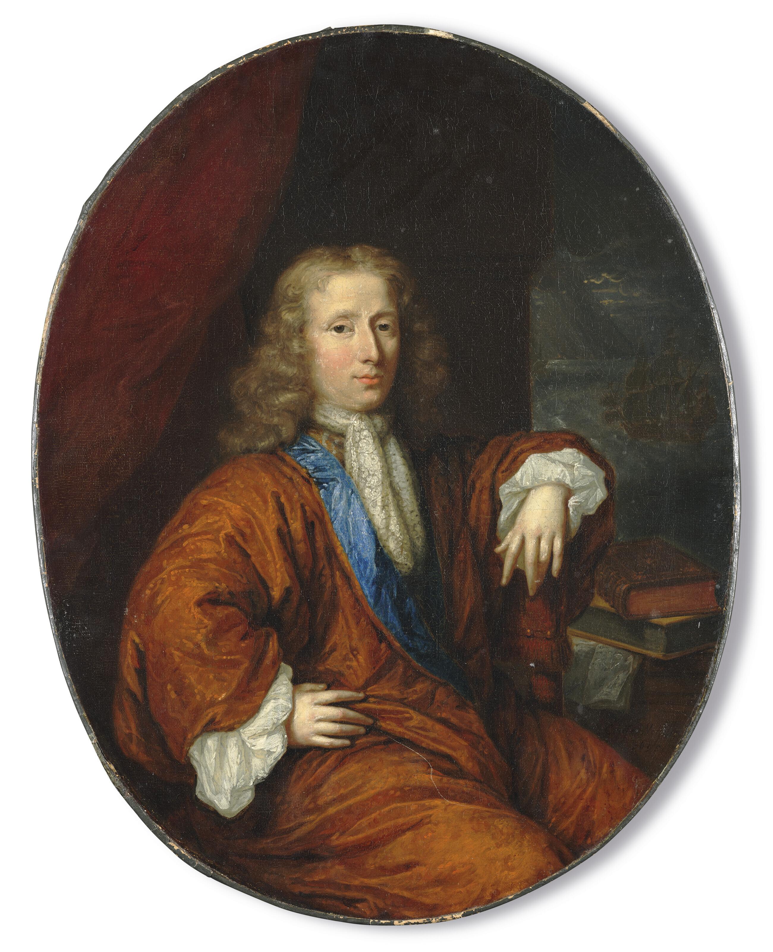 Constantijn Netscher - Portrait of a gentleman, small three-quarter-length, seated, in a brown cloak, a seascape beyond