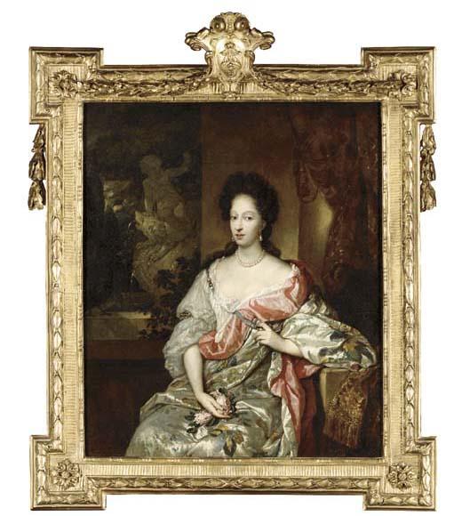 Constantijn Netscher - Portrait of a lady, three-quarter-length, seated before a fountain, holding a posy of roses