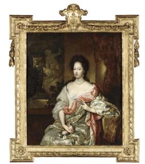 Constantijn Netscher - Portrait of a lady, three-quarter-length, seated before a fountain, holding a posy of roses