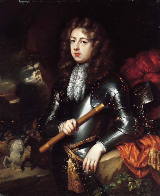 Constantijn Netscher - Portrait of a military Commander, three-quarter-length, in armour, holding a baton, his plumed helmet on a rock nearby, a cavalry battle beyond