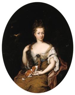 Constantijn Netscher - Portrait of a noblewoman, seated small three quarter length in a landscape, wearing a blue lined, ochre silk dress with lace chemise, pink silk wrap and a diamond brooch, holding a pet dog on her lap