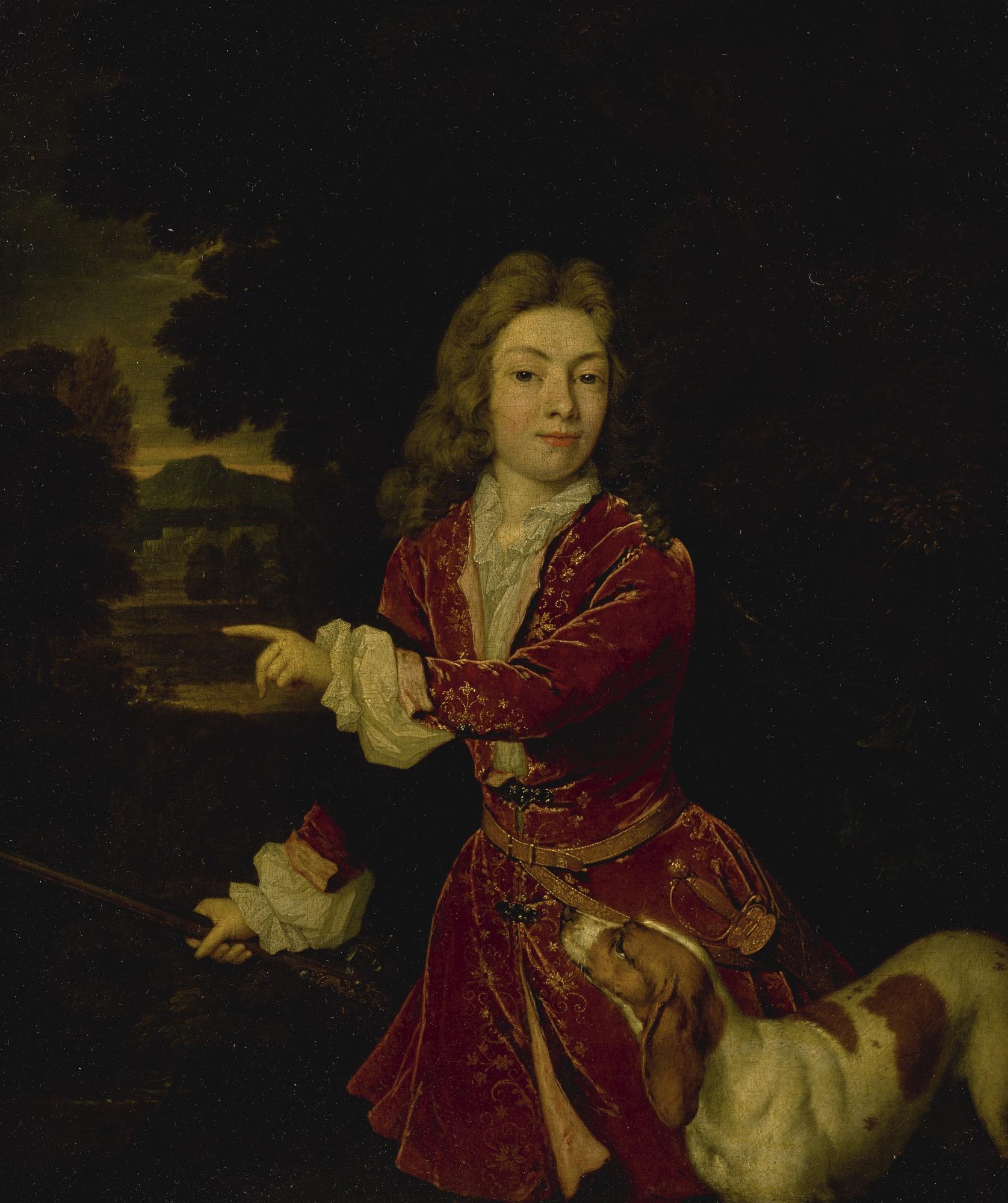 Constantijn Netscher - Portrait Of A Young Hunter In A Landscape With His Dog