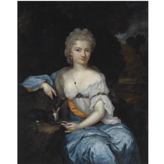 Constantijn Netscher - Portrait Of A Young Woman, Seated Three-Quarter Length, Wearing A Blue And White Dress, With A Dog, In A Park Setting