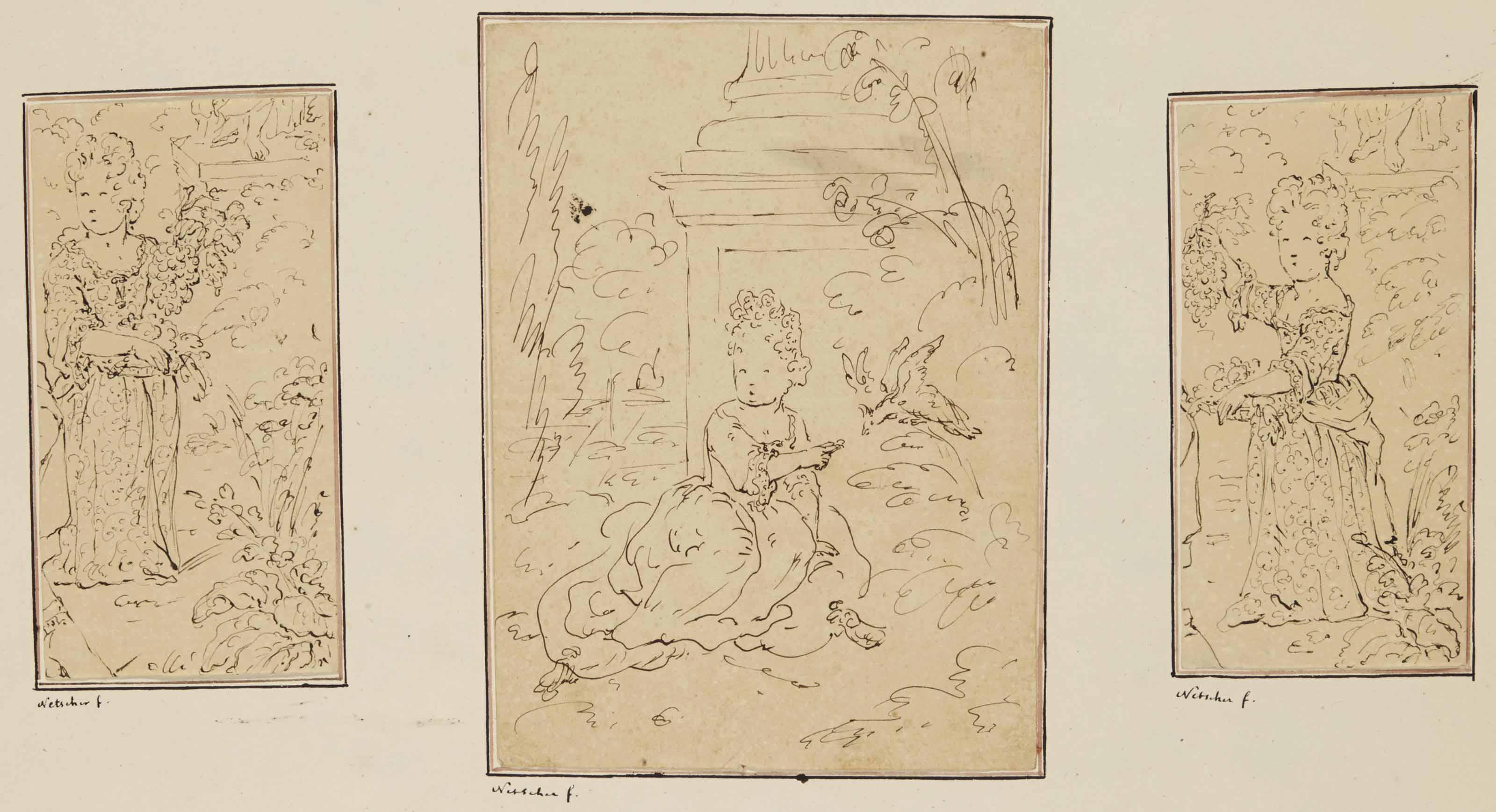 Constantijn Netscher - Trois Études D\'Une Fillette Jouant Avec Un Oiseau Et Tenant Une Grappe De Raisins