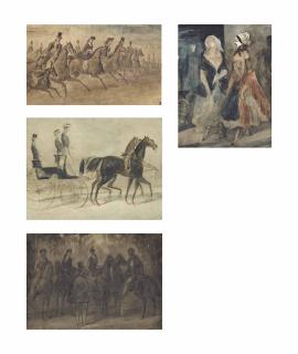Constantin-Ernest-Adolphe-Hyacinthe Guys - L\'Avenue De L\'Impératrice, Allée Des Cavaliers; A Study Of Two Ladies; La Carosse; And A Gathering Of Riders In The Woods