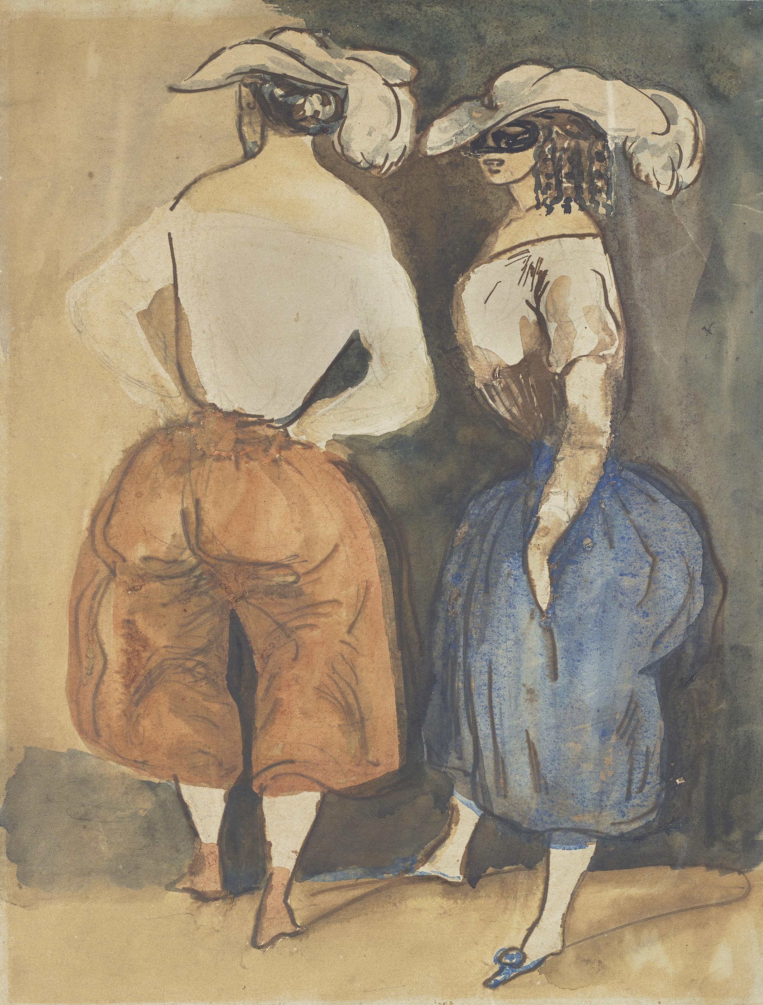 Constantin Guys - Deux femmes costumées en pied, l\'une portant un loup