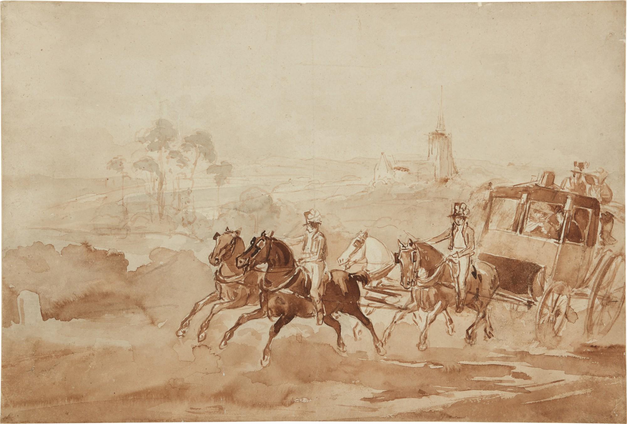 Constantin Guys - Three drawings: A) A coach travelling through the countryside B) A street scene in Spain C) The races