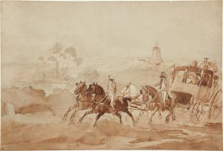 Constantin Guys - Three drawings: A) A coach travelling through the countryside B) A street scene in Spain C) The races