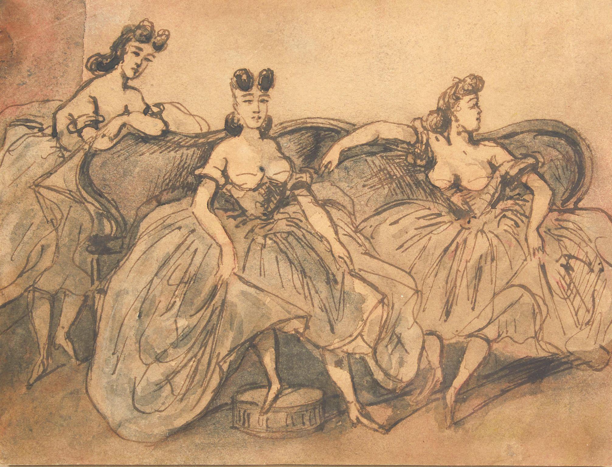 Constantin Guys - Trois Femmes sur un Canapé framed 37.0 x 42.0 x 2.5 cm (14 9/16 x 16 1/2 x 1 in).