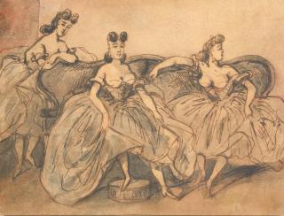 Constantin Guys - Trois Femmes sur un Canapé framed 37.0 x 42.0 x 2.5 cm (14 9/16 x 16 1/2 x 1 in).