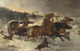 Constantin Stoiloff - Wolves attacking travellers in a troika