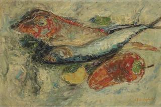 Constantin Terechkovitch - A still life with fish, lemon and red pepper
