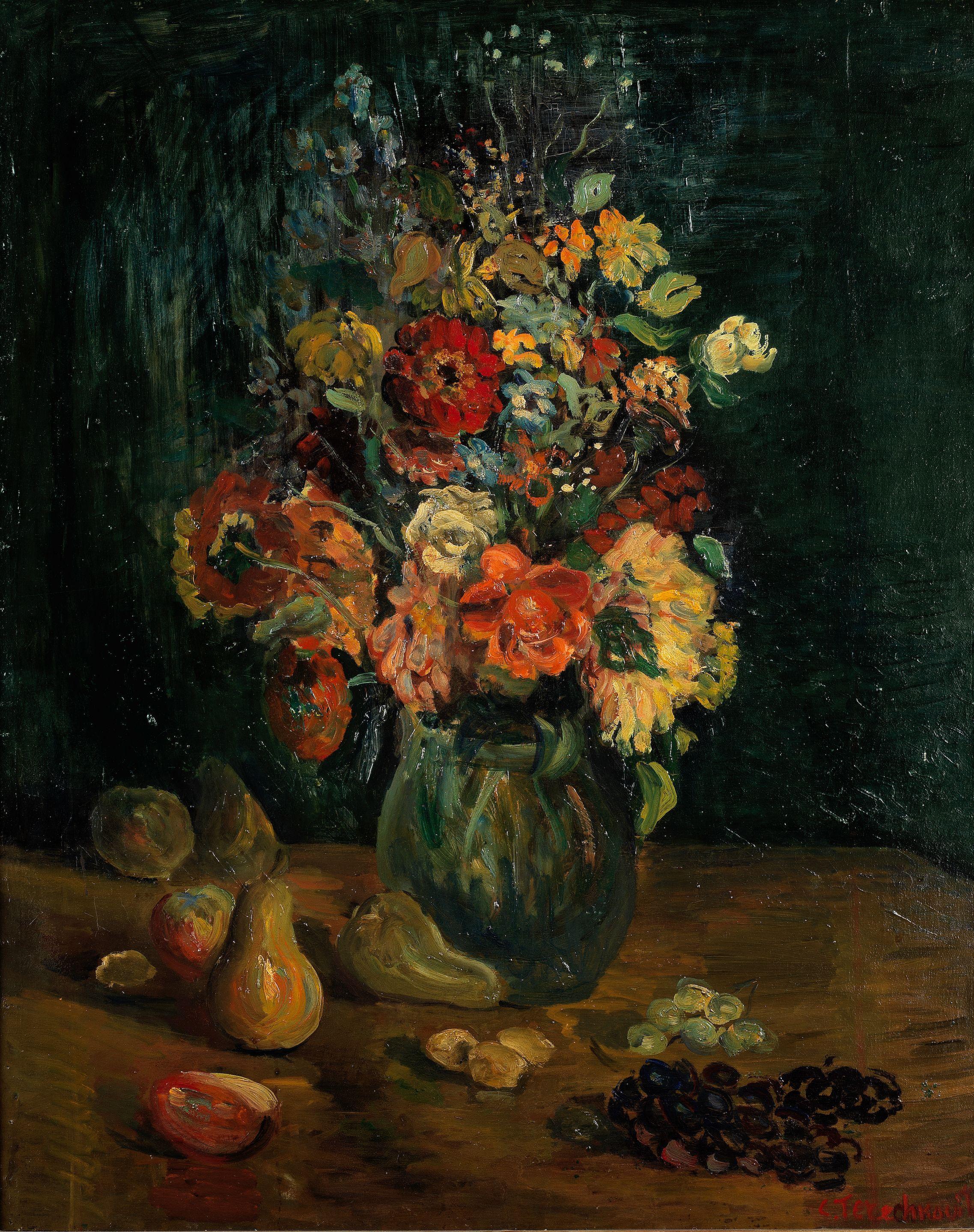 Constantin Terechkovitch - Vase de fleurs et fruits