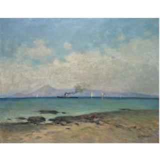 Constantinos Romanides - Greek Seascape With Steamship And Sailing Boats