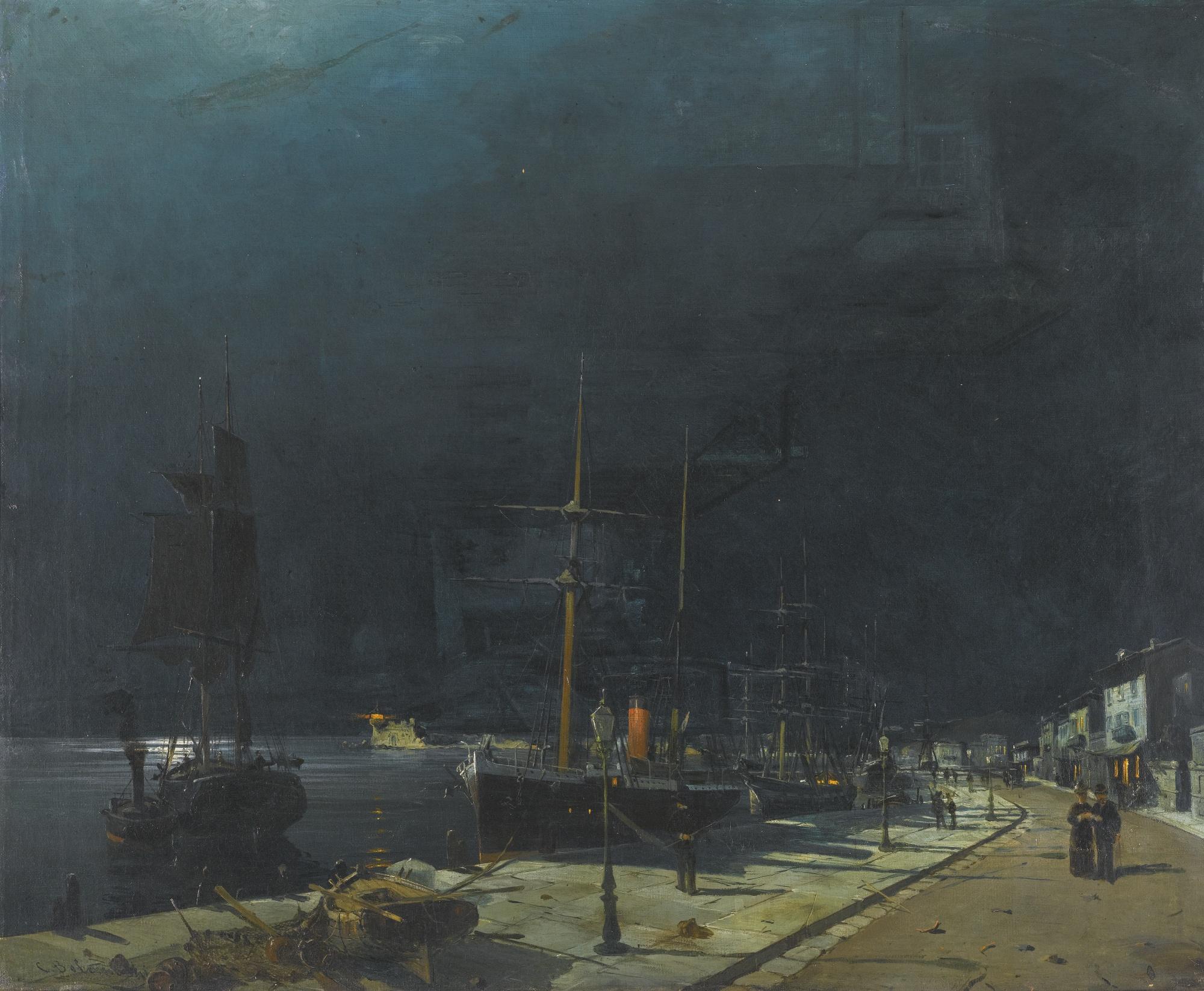 Constantinos Volanakis - Greek harbour At Night