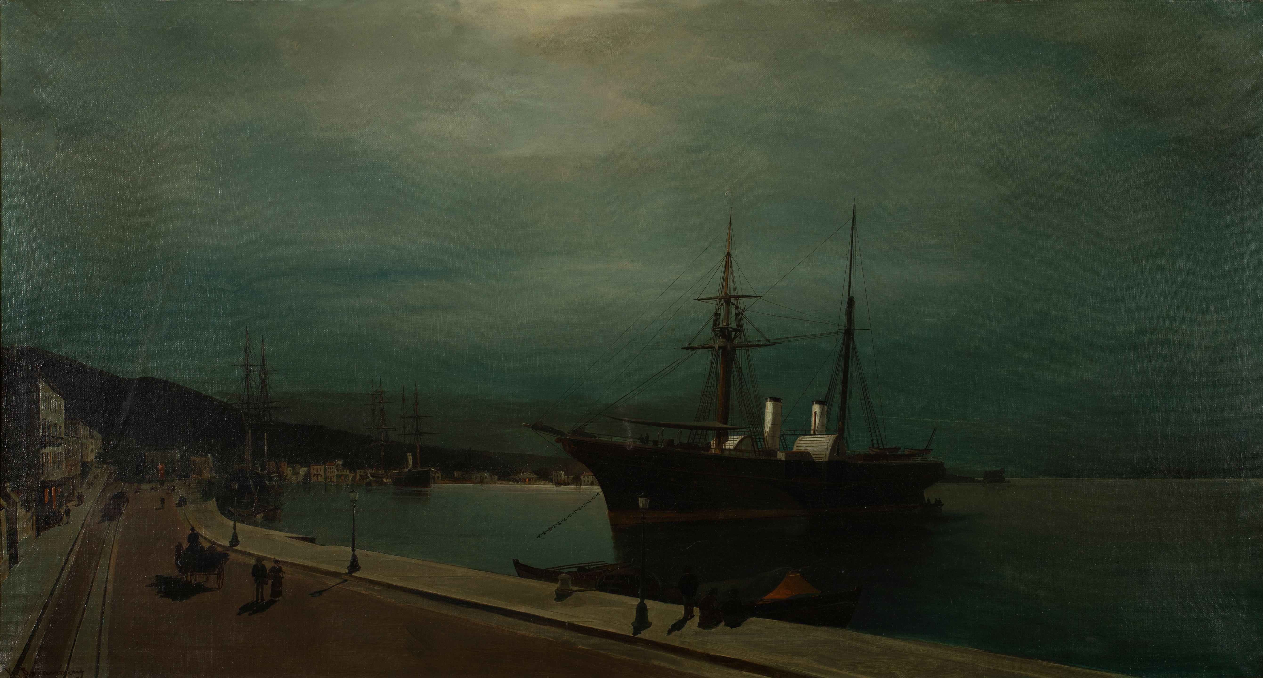 Constantinos Volanakis - Le port de Volos un soir de plein lune