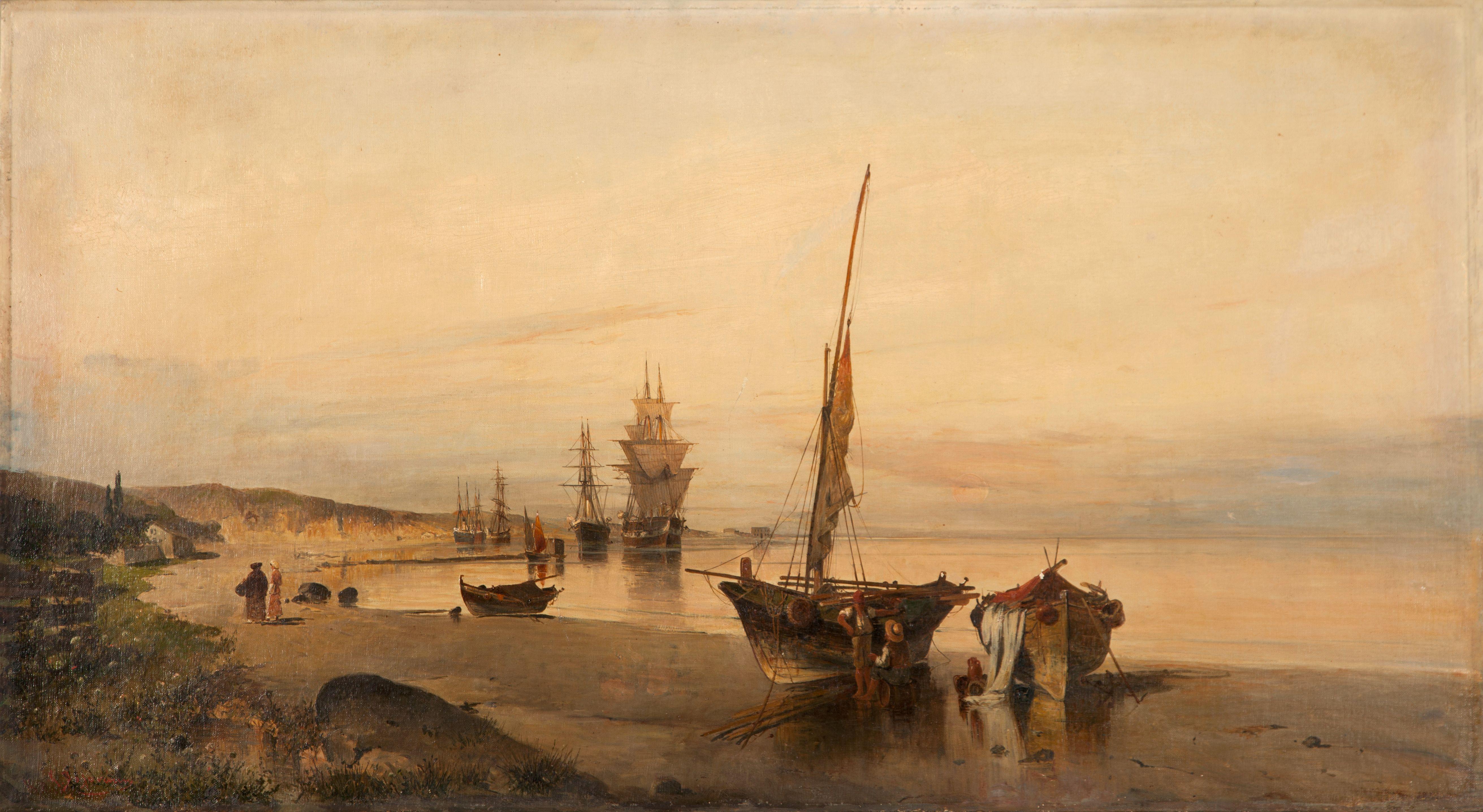 Constantinos Volanakis - Sunset promenade with ships in the distance