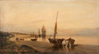 Constantinos Volanakis - Sunset promenade with ships in the distance